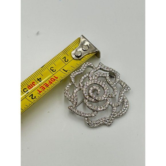 Vintage Rhinestone Pave Rose Flower Pin Brooch Silver Tone Metal Openwork Design - Picture 7 of 7